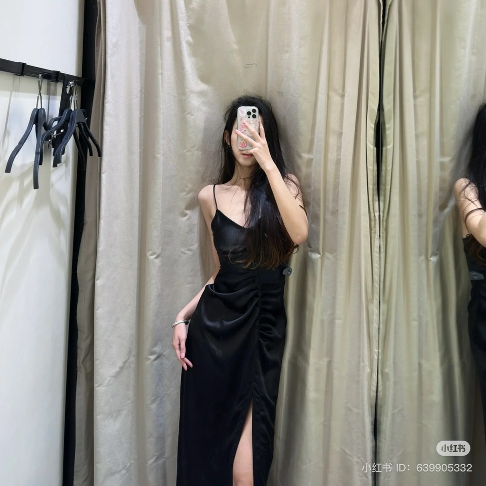 New with Tags Zara Black Midi Ruched Satin Dress with Slit Size XS - Picture 10 of 13